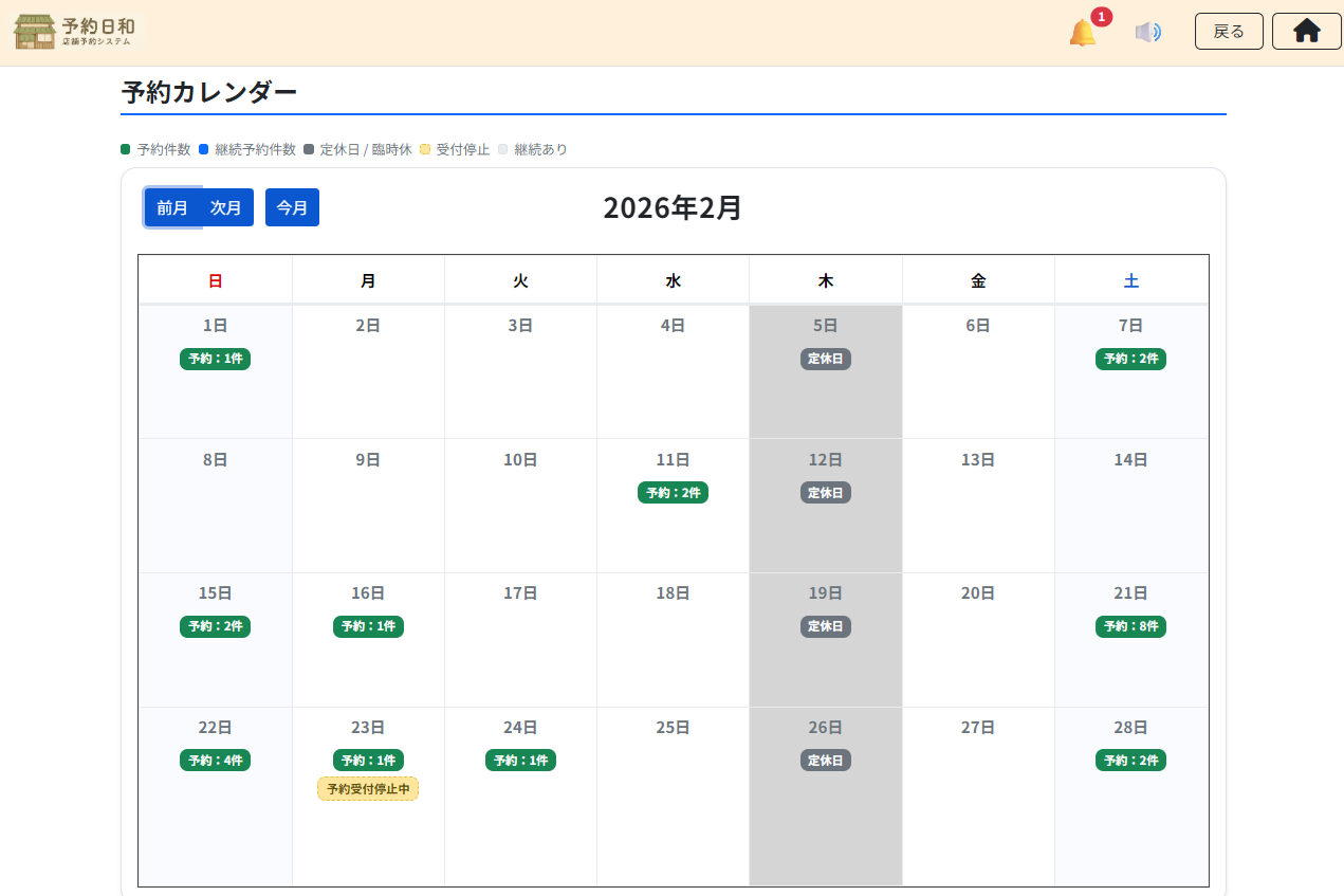 予約カレンダー一覧